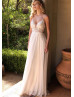 Beaded Spaghetti Straps Ivory Lace Chiffon Wedding Dress